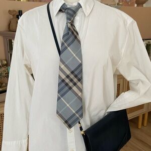 Burberry Blue and Cream/White Plaid Tie 100% Silk